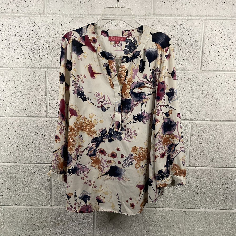 Rose & Thyme Women's Blouse Sz Medium Pink 3/4 Sleeve Floral Button Up
